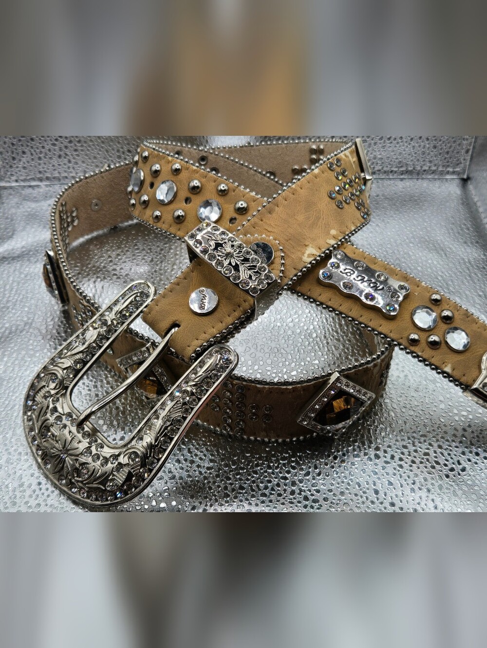 BHW Rhinestone Embellished Tan Western Leather Belt
